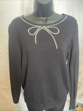 Elle Black Crewneck Sweater with Pearl Bow Trim